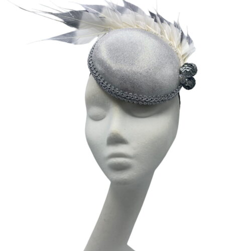 Stunning silver headpiece with cream into ombre silver spray of feathers.